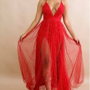 Luxxel Scarlet Maxi Dress with Gold Accents